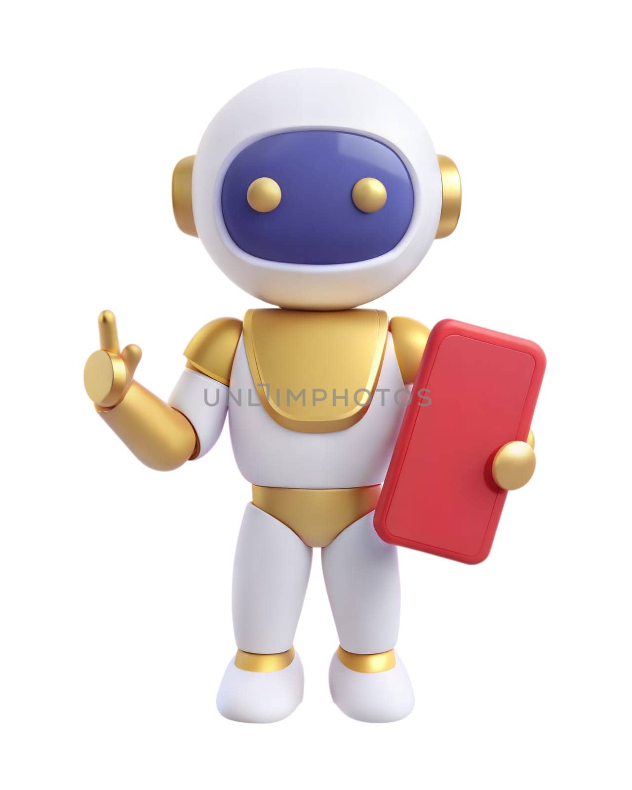 A 3D futuristic robot holding a red tablet and giving a peace sign, isolated on white background. Ideal for technology, communication, and space-related themes.