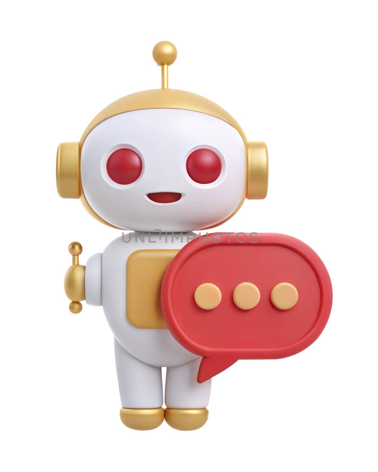 A 3D futuristic robot holding a red chat bubble with three dots, symbolizing communication, isolated on a white background. Perfect for technology, messaging, and robot concepts.