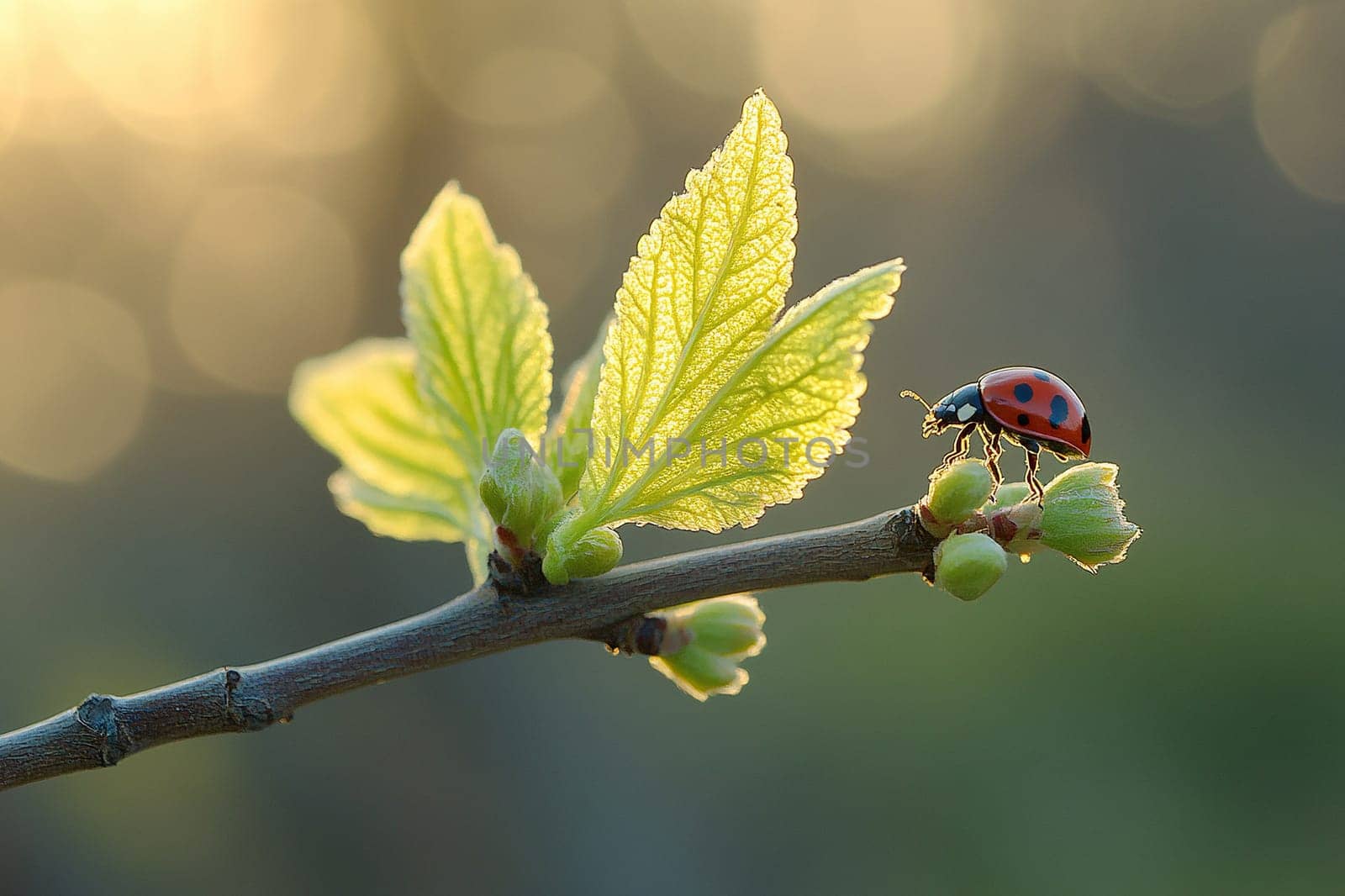 A small red ladybug crawls on young tree leaves in spring. Macro photo.