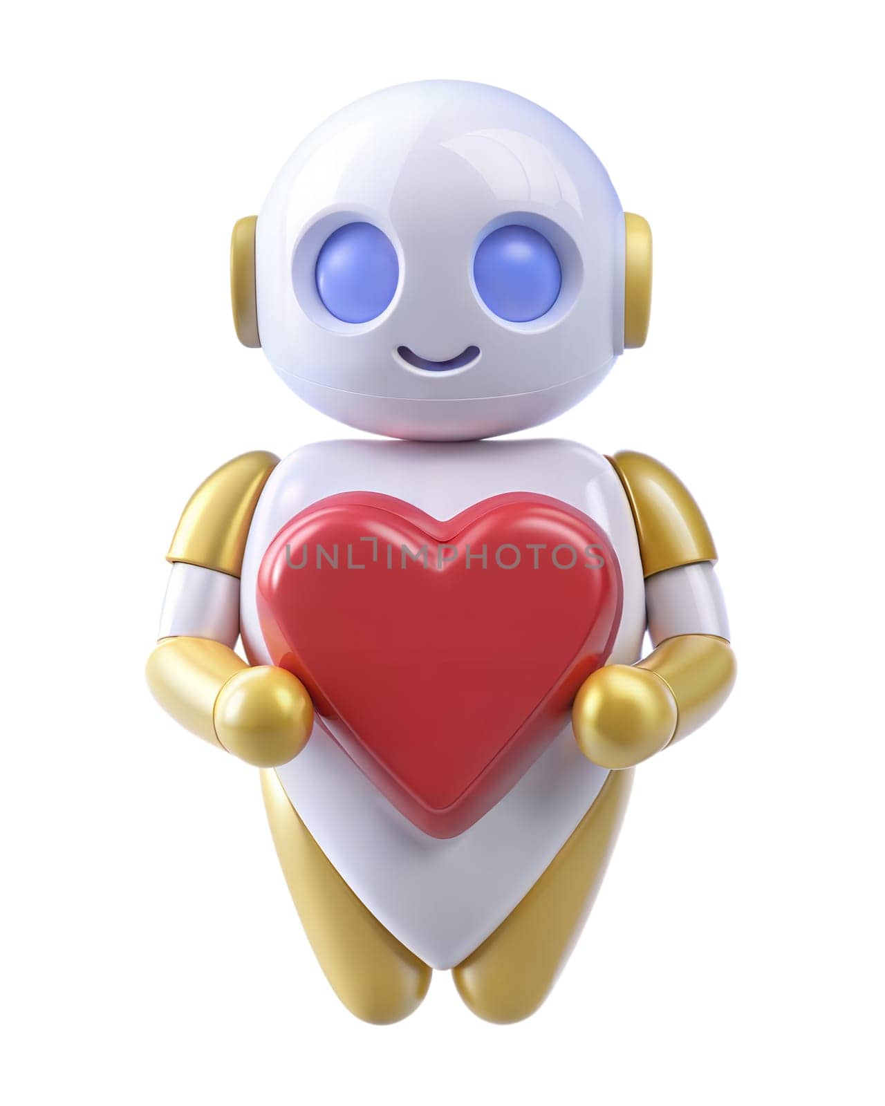 A 3D futuristic robot with a heart symbol on its chest, isolated on white background. Ideal for love, technology, and character-themed projects.