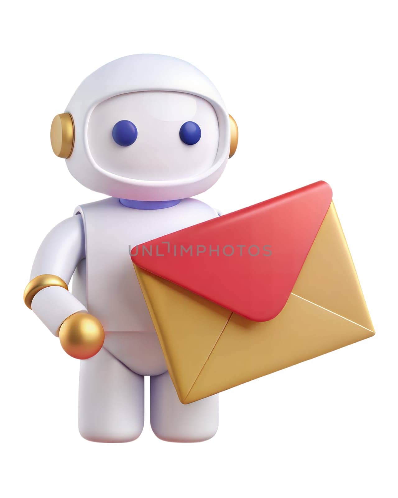 A 3D futuristic robot holding a red envelope with a golden flap, isolated on a white background. Ideal for concepts related to messages, communication, or technology.