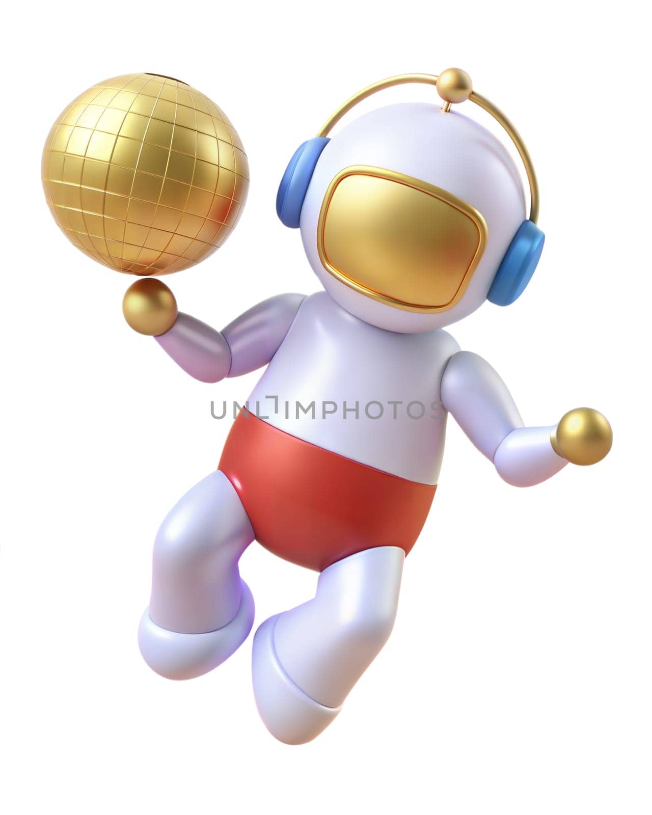 A glossy 3D icon of a futuristic robot holding a golden disco ball, isolated on white background. Perfect for entertainment, technology, and space themes.