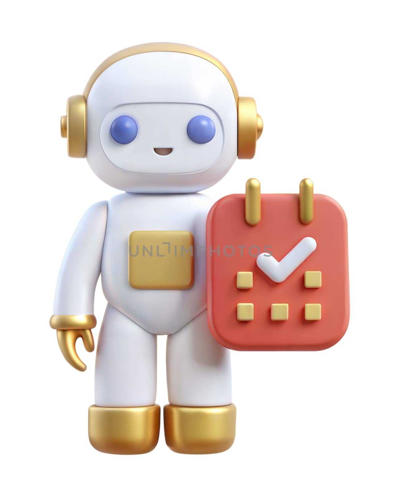 A 3D robot character holding a calendar with a check mark, representing task completion or scheduling, isolated on a white background. Perfect for time management, productivity
