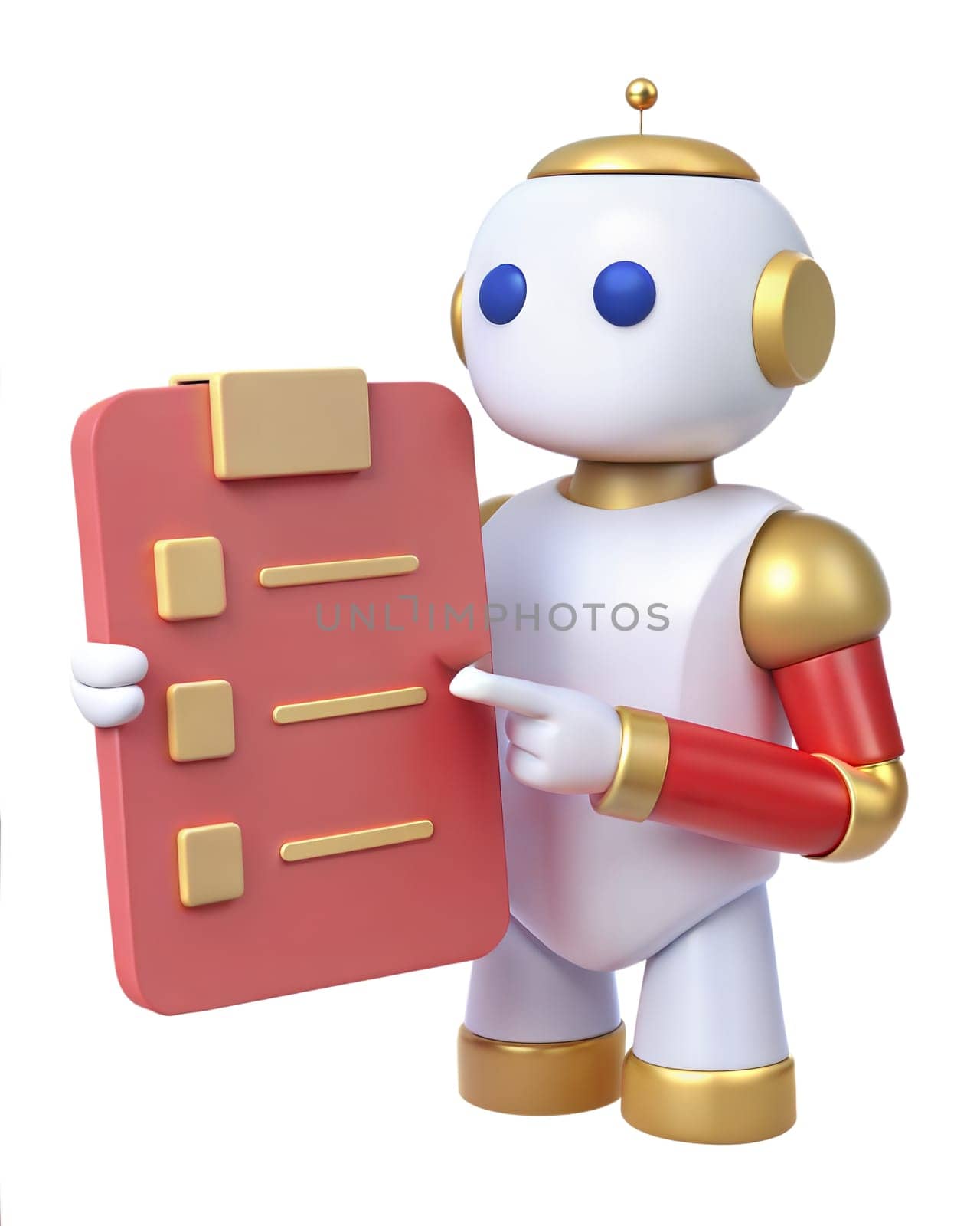 A 3D icon of futuristic robot holding a checklist with checkmarks, isolated on white background. Ideal for productivity, technology, and task management themes