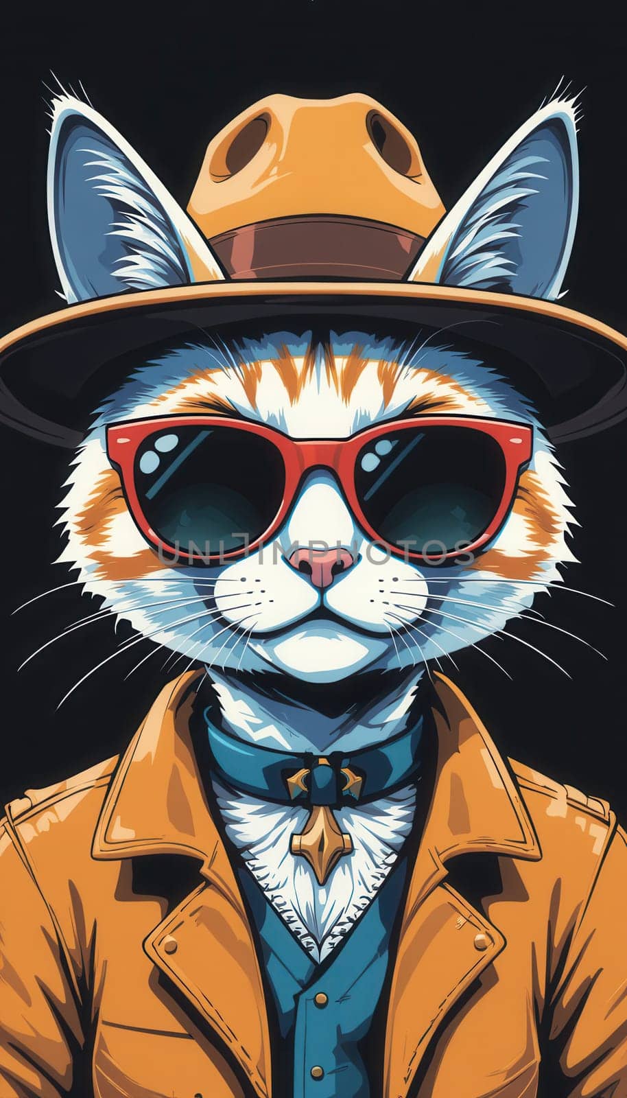 Cool cat detective in sunglasses and hat, drawing