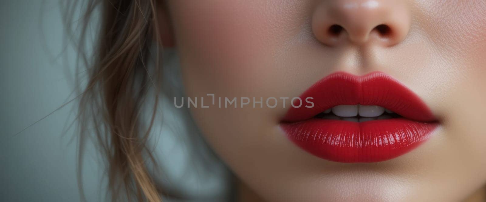 Close-up of a woman's lips with bright red lipstick