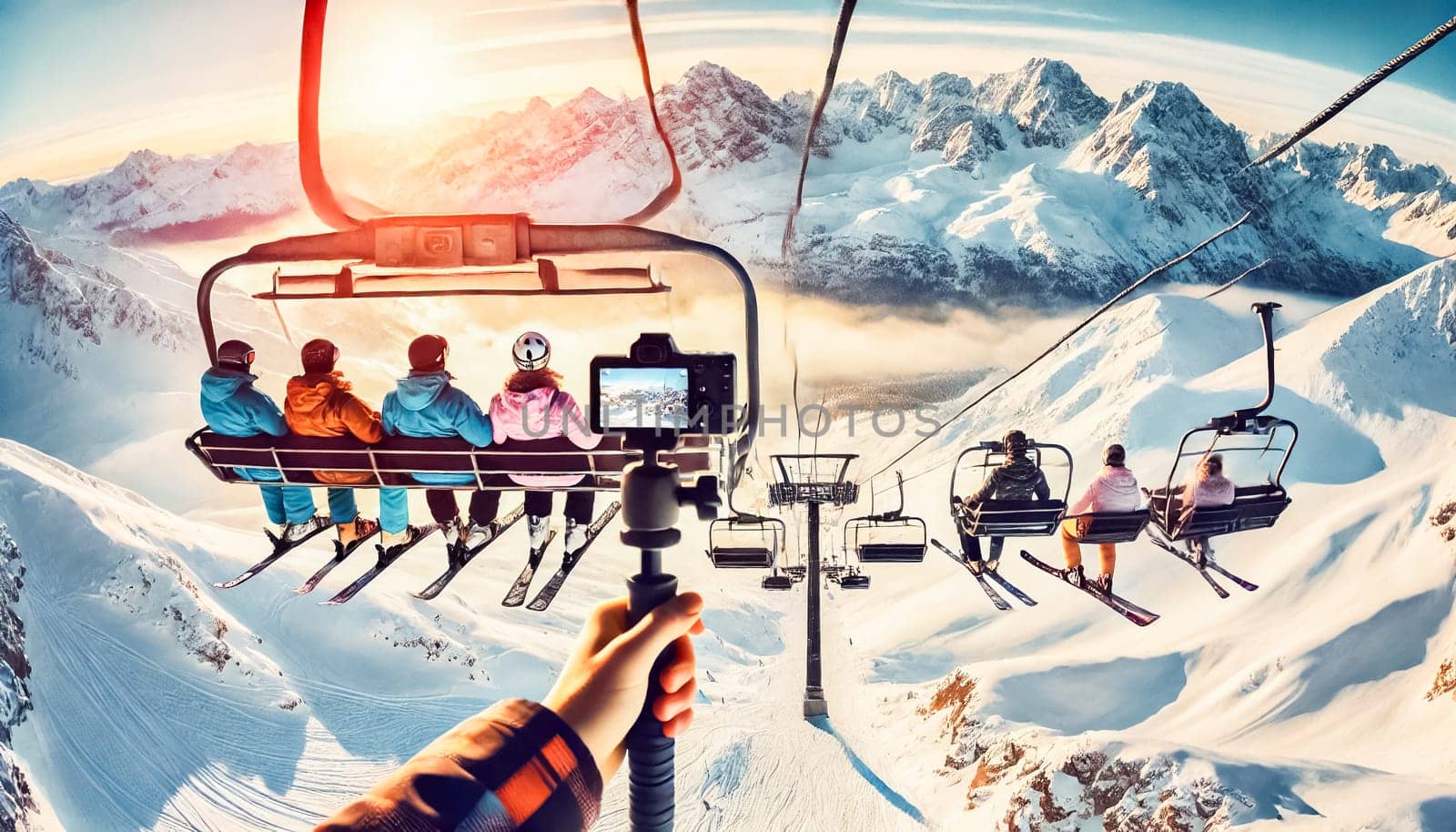 A group of four skiers is seated on a high-altitude chairlift, surrounded by breathtaking snow-covered mountains. Clear blue skies and distant peaks set the backdrop, creating a serene yet adventurous winter setting. Each skier is bundled in winter gear, ready for an exciting day on the slopes.