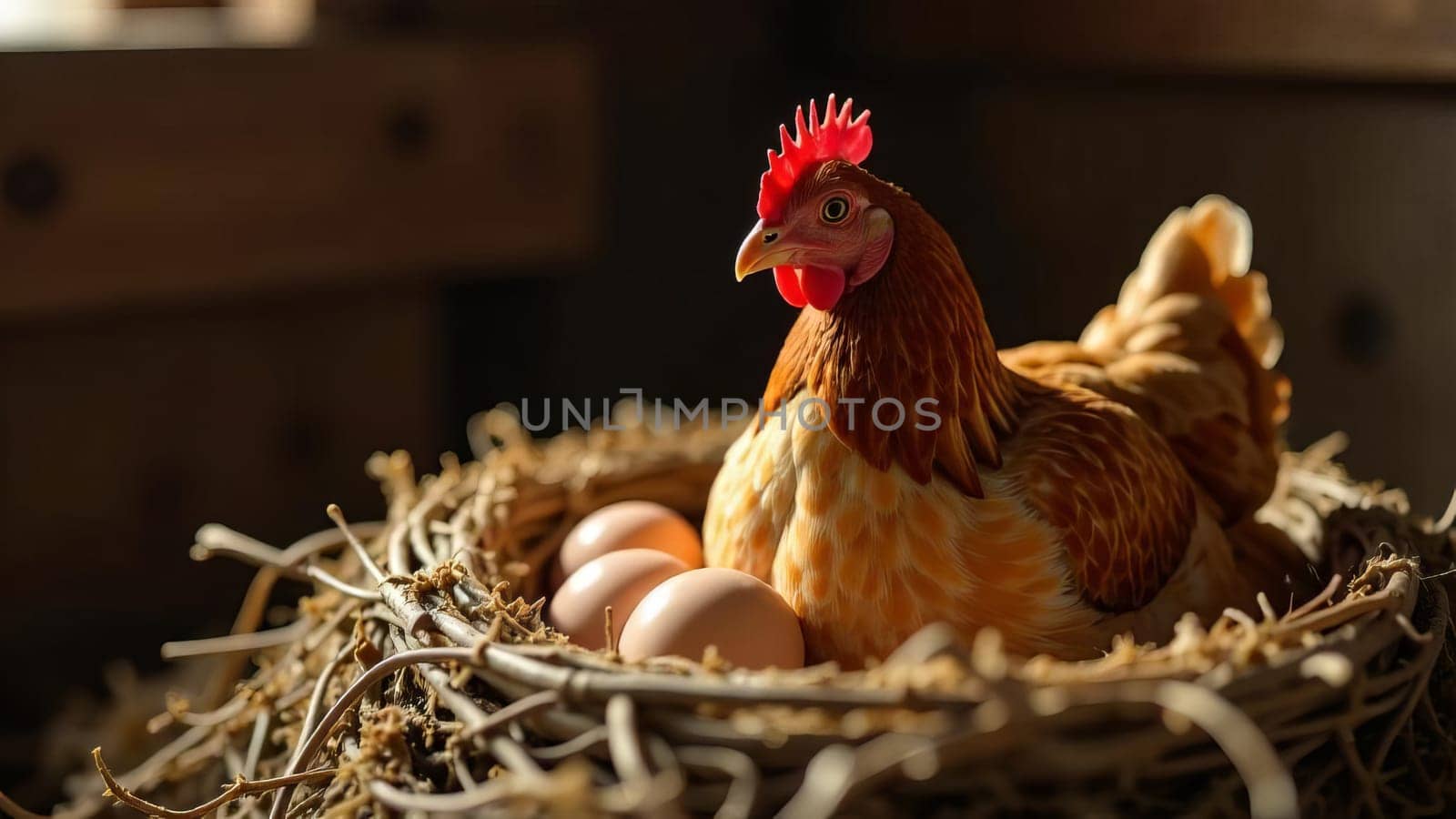 Hen sitting in the nest in a barn, surrounded by freshly eggs in Natural rustic farm. A classic farm life scene.