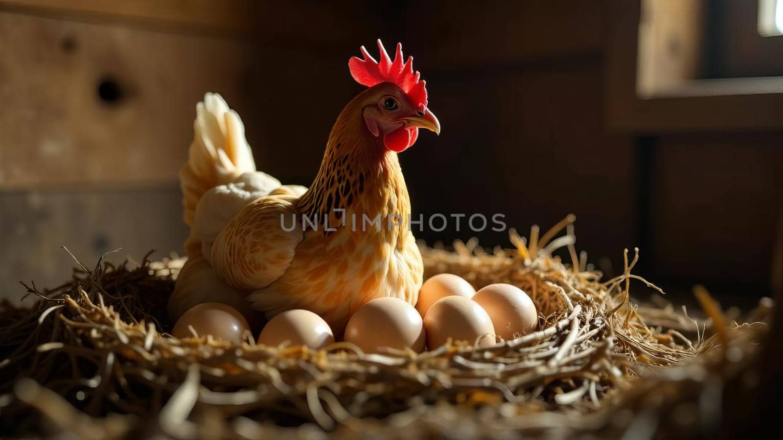 Hen sitting in the nest in a barn, surrounded by freshly eggs in Natural rustic farm. A classic farm life scene.