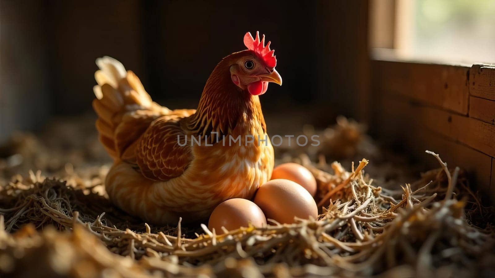 Hen sitting in the nest in a barn, surrounded by freshly eggs in Natural rustic farm. A classic farm life scene.