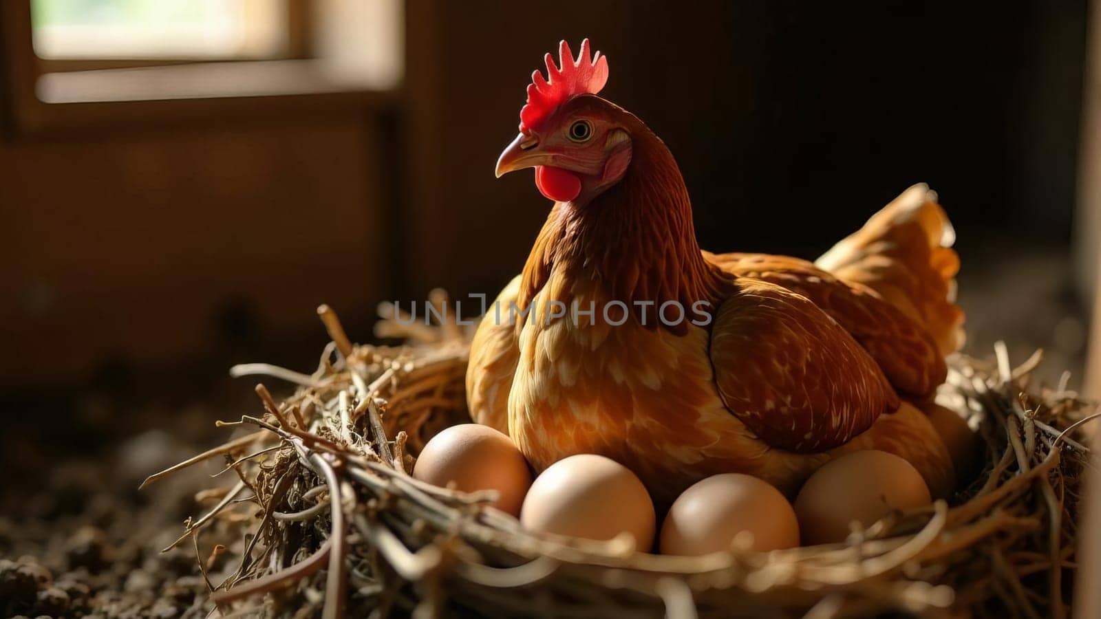 Hen sitting in the nest in a barn, surrounded by freshly eggs in Natural rustic farm. A classic farm life scene.