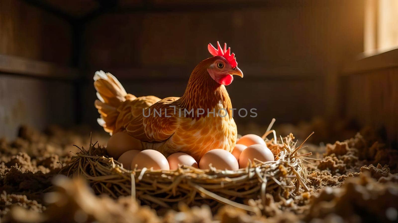 Hen sitting in the nest in a barn, surrounded by freshly eggs in Natural rustic farm. A classic farm life scene.