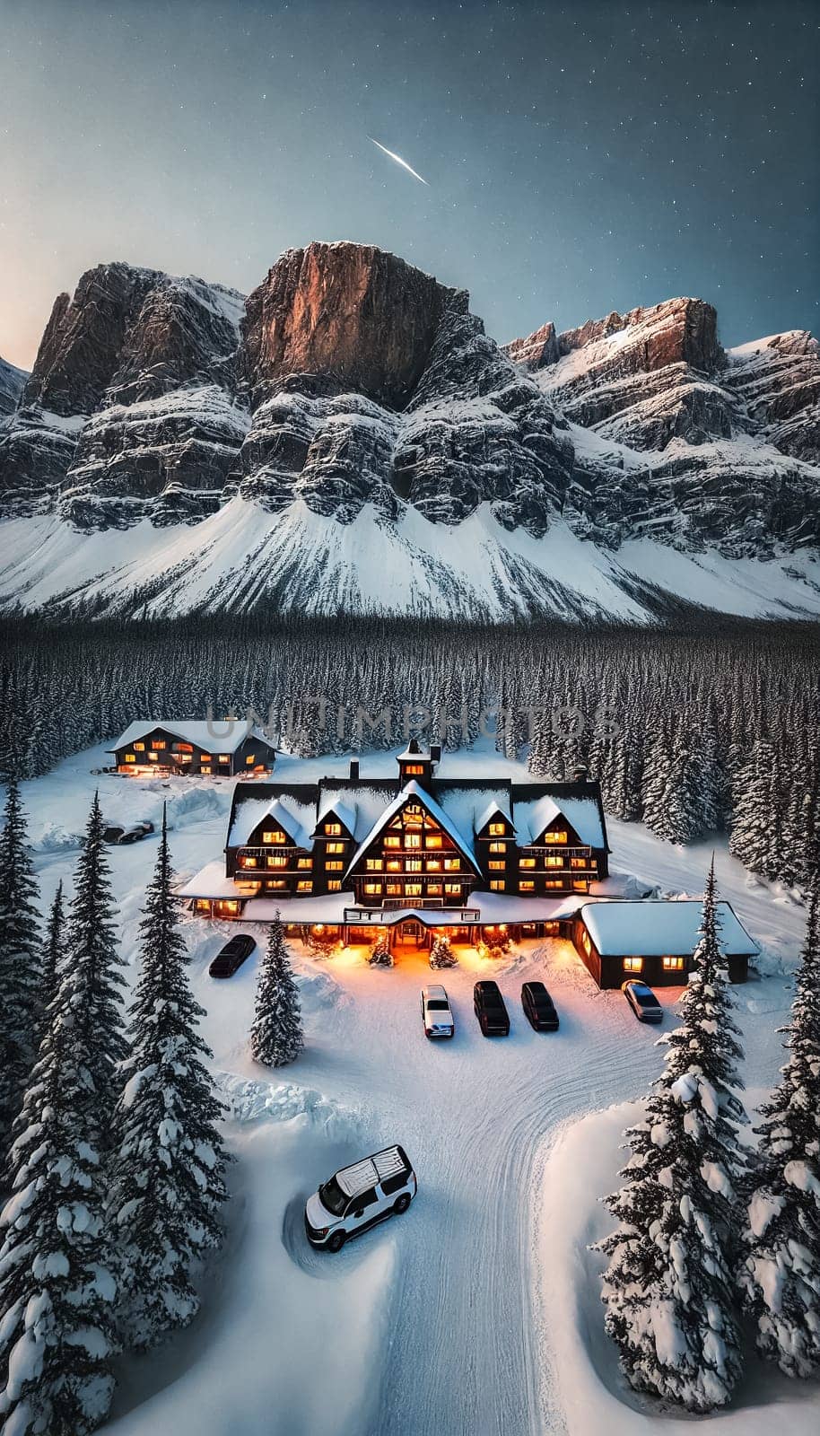 A serene mountain lodge sits nestled at the base of snow-covered peaks, softly illuminated as dusk settles. The sky is clouded, adding a misty glow to the towering, forested mountains in the background, while warm light spills from the lodge windows.