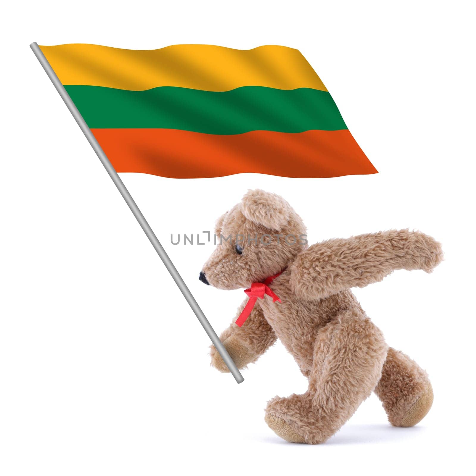 A Lithuania flag being carried by a cute teddy bear