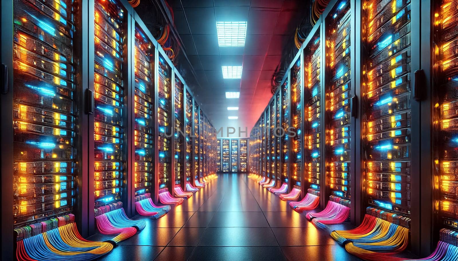 Wide angle view of a data center with rows of server racks in a dark room, brightly illuminated by the vibrant lights from the computers. Colorful computer cables are meticulously plugged into each unit, showcasing the organized and complex network infrastructure.