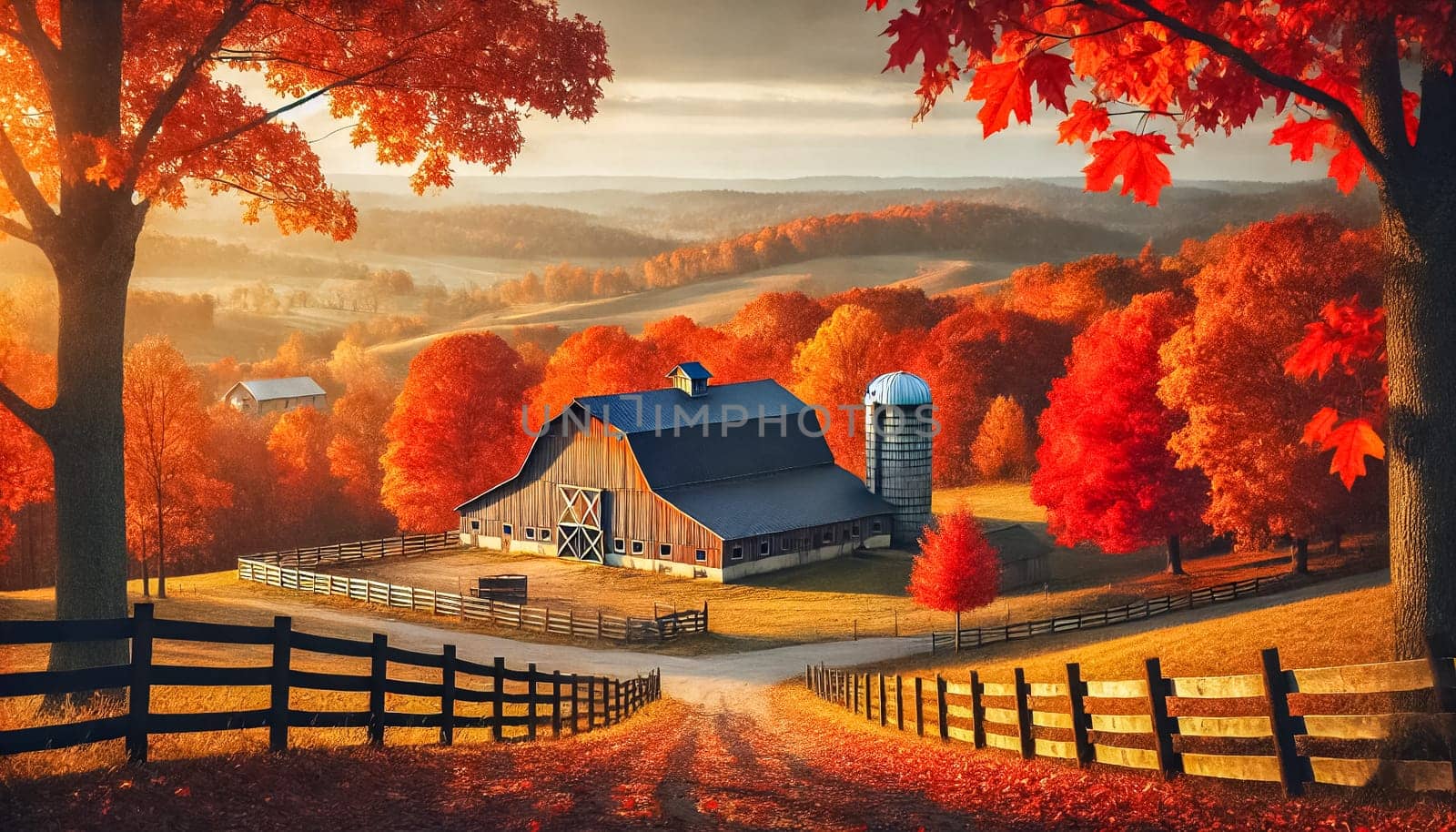 A peaceful autumn scene featuring a curving road leading to rustic wooden barns, surrounded by fiery orange and red trees. The warm sunlight creates a soft glow through the dense foliage, with fallen leaves scattered along the road.