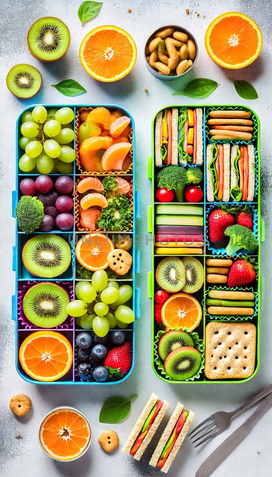 Wide views of colorful bento boxes filled with an assortment of fresh fruits, vegetables, sandwiches, and snacks. The neatly organized compartments highlight each ingredient, promoting a healthy, balanced meal presentation.