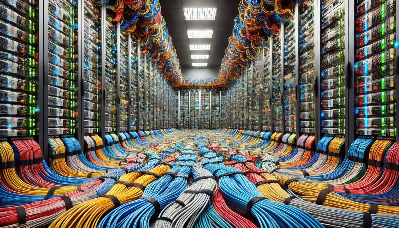 Detailed close-up of server racks in a data center, with colorful computer cables meticulously plugged into each unit. This view emphasizes the organized and complex network infrastructure necessary for efficient data management.