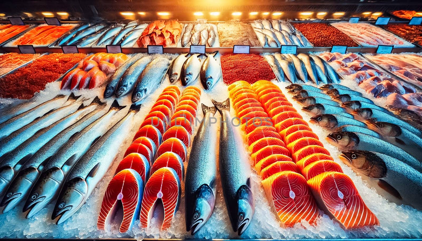 A seafood market display showing neatly stacked salmon fillets, shrimp, and silver-scaled whole fish on ice. The bright lighting emphasizes the moist, fresh texture of the seafood, creating an inviting and appetizing scene.