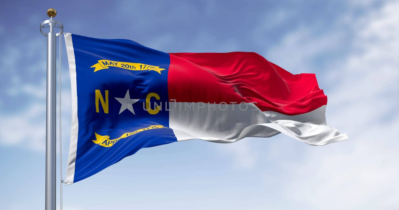 North Carolina state flag waving. North Carolina is a state in the Southeastern region of the United States. Rippled fabric. 3d illustration render. Rippled fabric. Selective focus