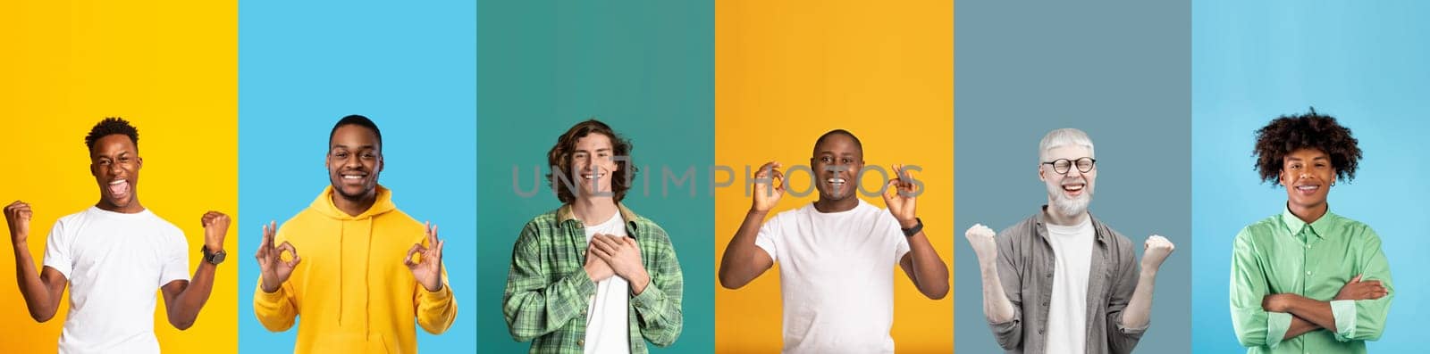 A diverse group of cheerful individuals showcases happiness and positivity while posing against vibrant, colorful backgrounds. Each person expresses joy in a unique and fun way.
