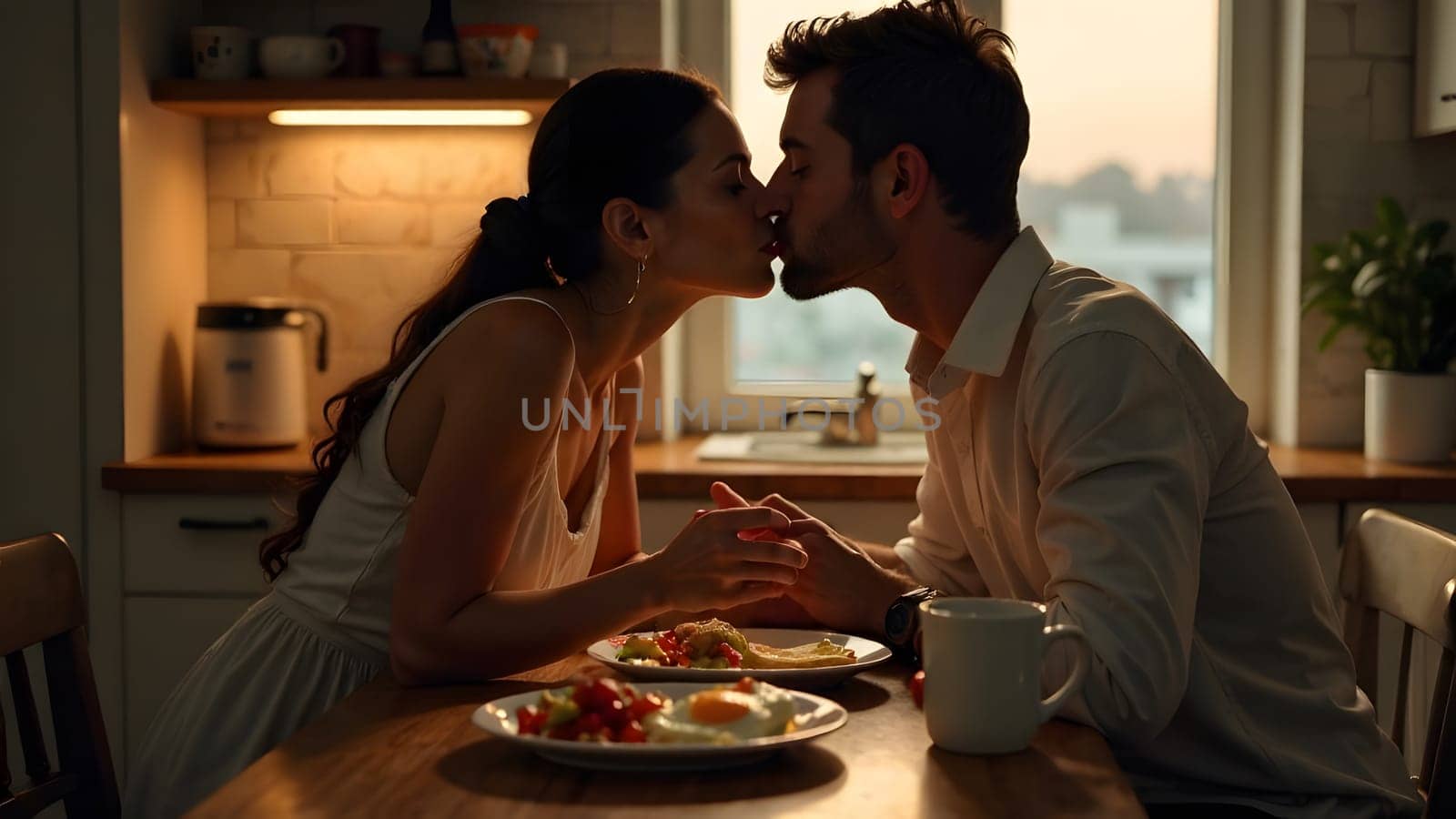 A romantic morning moment where a couple kisses in the kitchen, next to a breakfast of heart-shaped eggs and toast. High quality photo