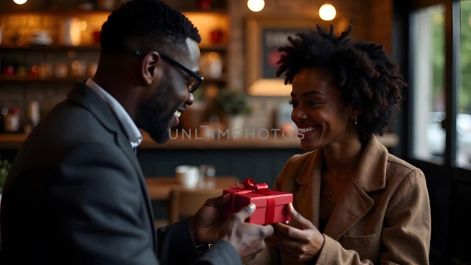 A black man presents a small red gift box to a smiling black woman in a cozy cafe, capturing a loving gesture. High quality photo