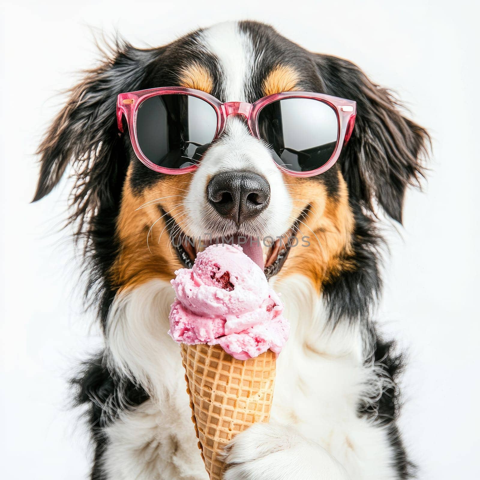 This cheerful Australian Shepherd sports stylish sunglasses while happily holding an ice cream cone. The friendly expression and minimalist style highlight its adorable features against a white background.