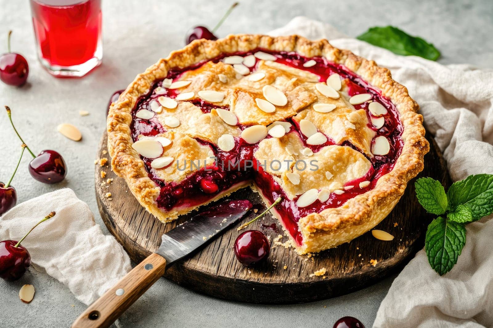 Golden crust cherry pie sits invitingly on a wooden board, its rich red filling and almond topping glistening under soft light. Fresh cherries and mint enhance the scene, complemented by a glass of cherry juice nearby.