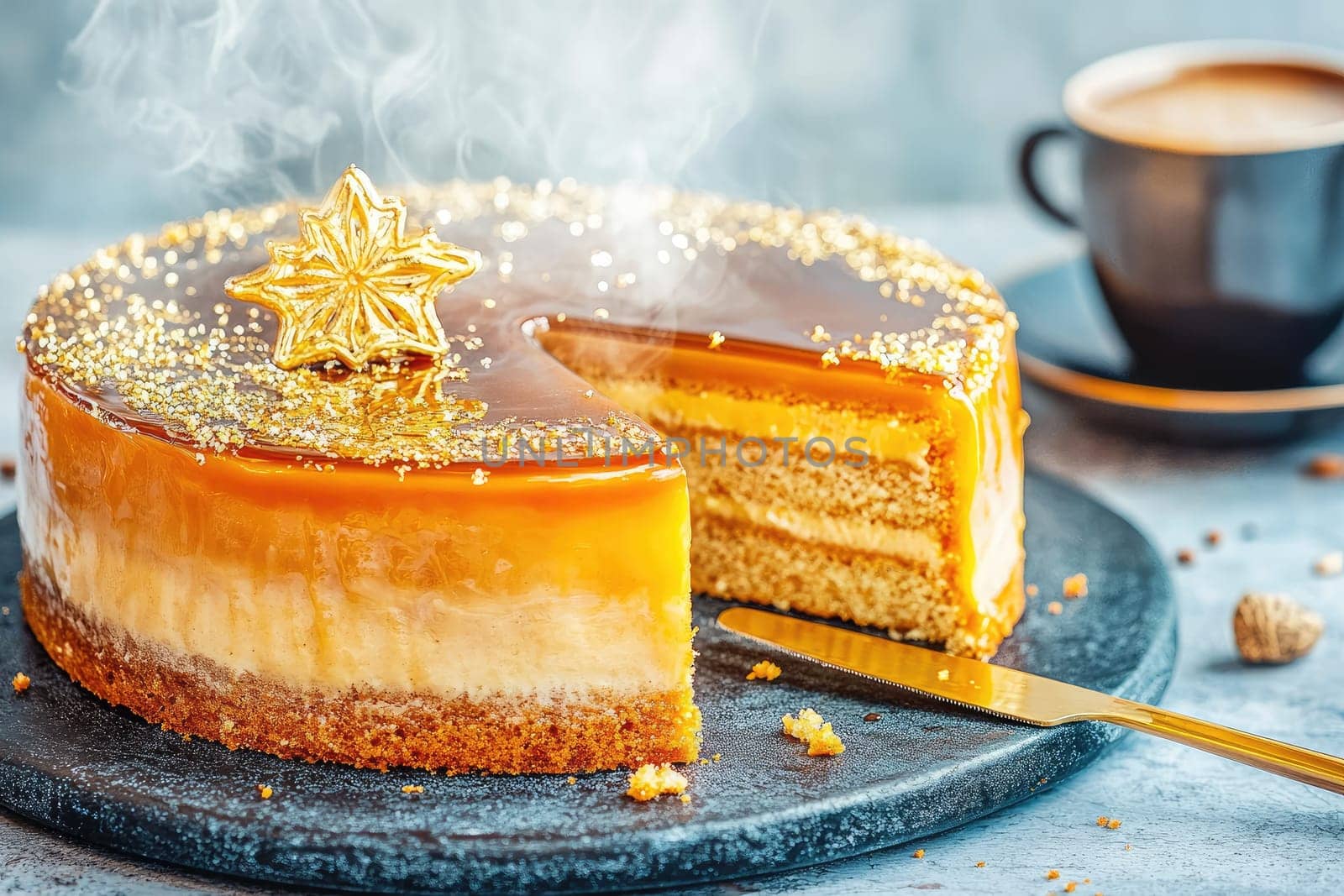 A gold knife cuts through a beautifully glazed caramel cake, revealing a soft interior. Wisps of steam rise above, while a cup of espresso and rustic wooden board add elegance and warmth to the minimal setup.