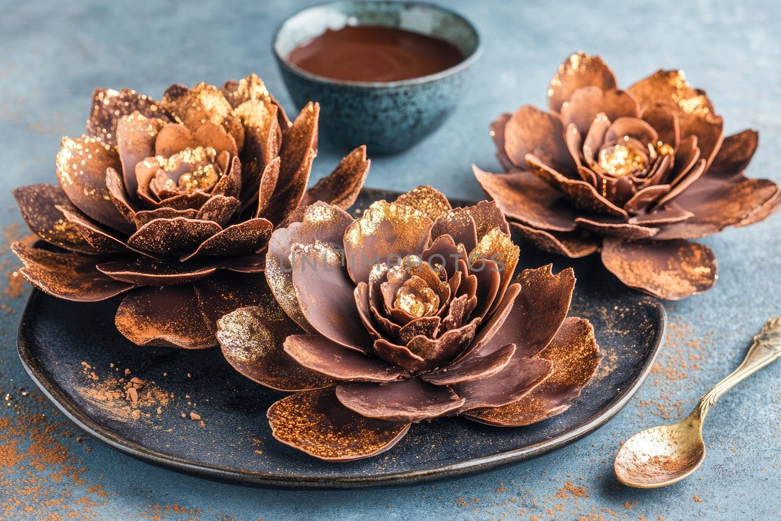 Exquisitely crafted chocolate flowers showcase delicate layers with caramelized edges and golden dust accents.
