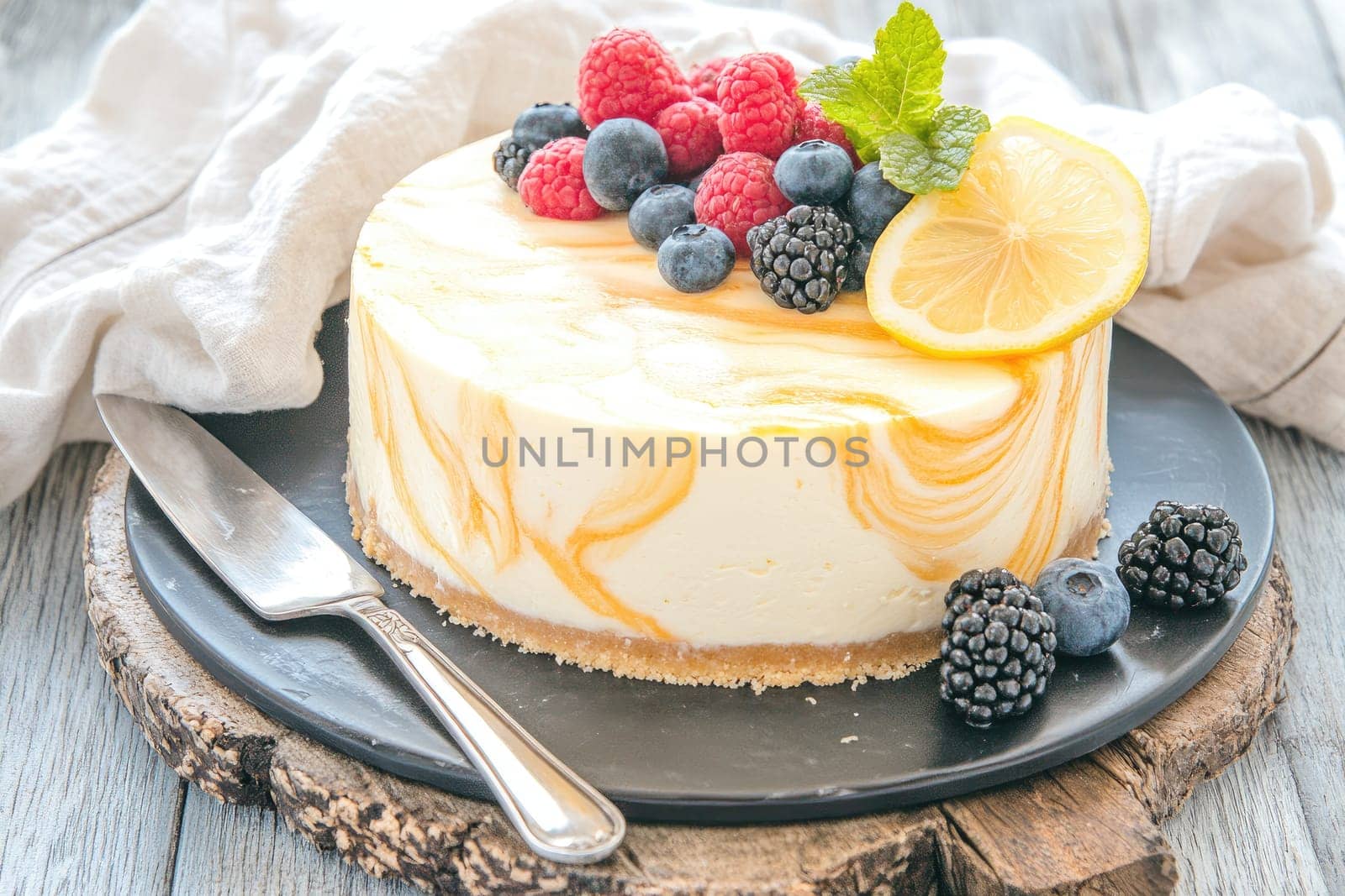 This dessert showcases a beautifully crafted lemon cheesecake with a glossy marble surface, elegantly arranged on a matte black ceramic plate. Fresh raspberries, blueberries, and blackberries enhance its appeal.