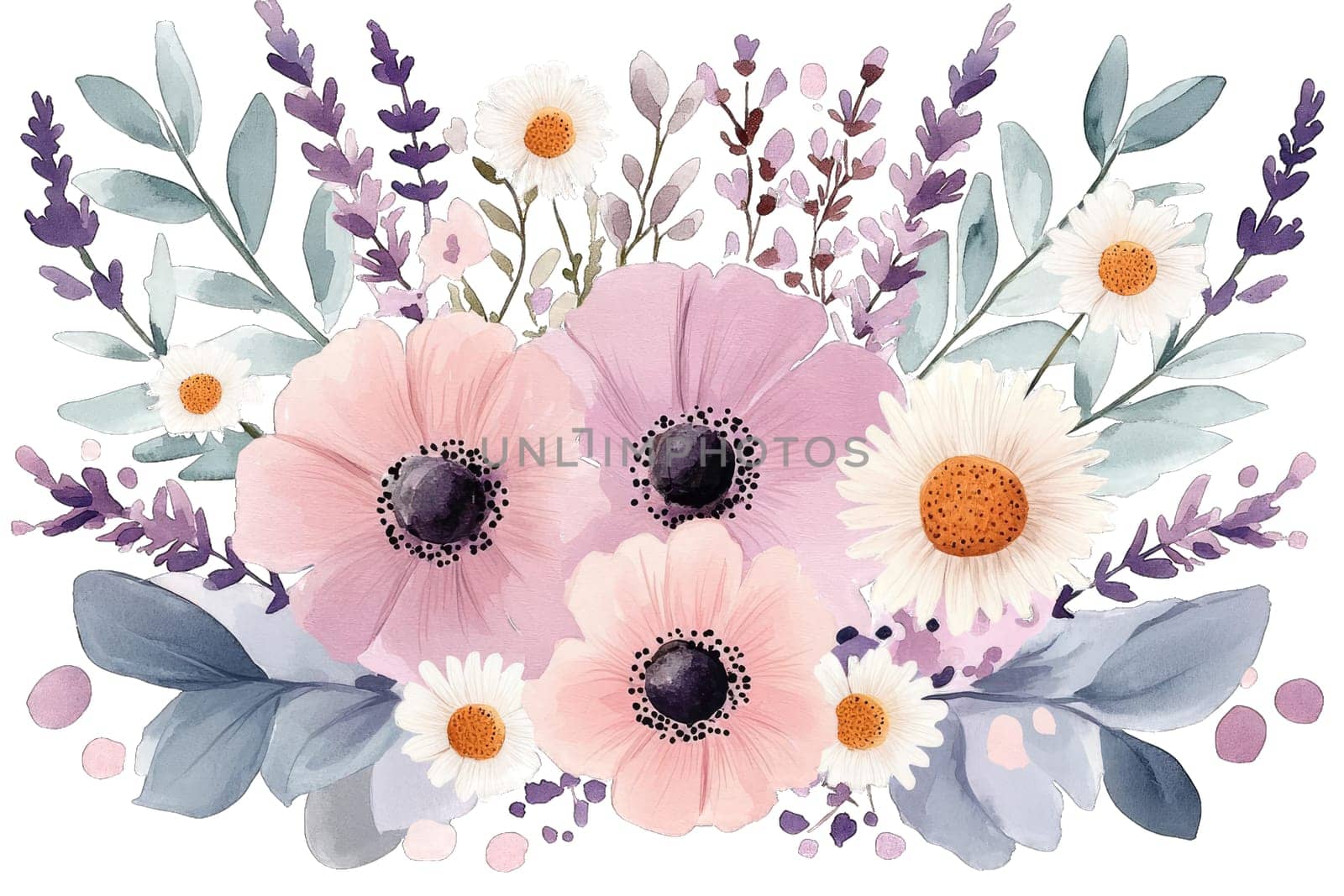 A soft pink tulip blooms at the center, complemented by scattered pastel petals and green leaves. This elegant floral design evokes springtime freshness and beauty.