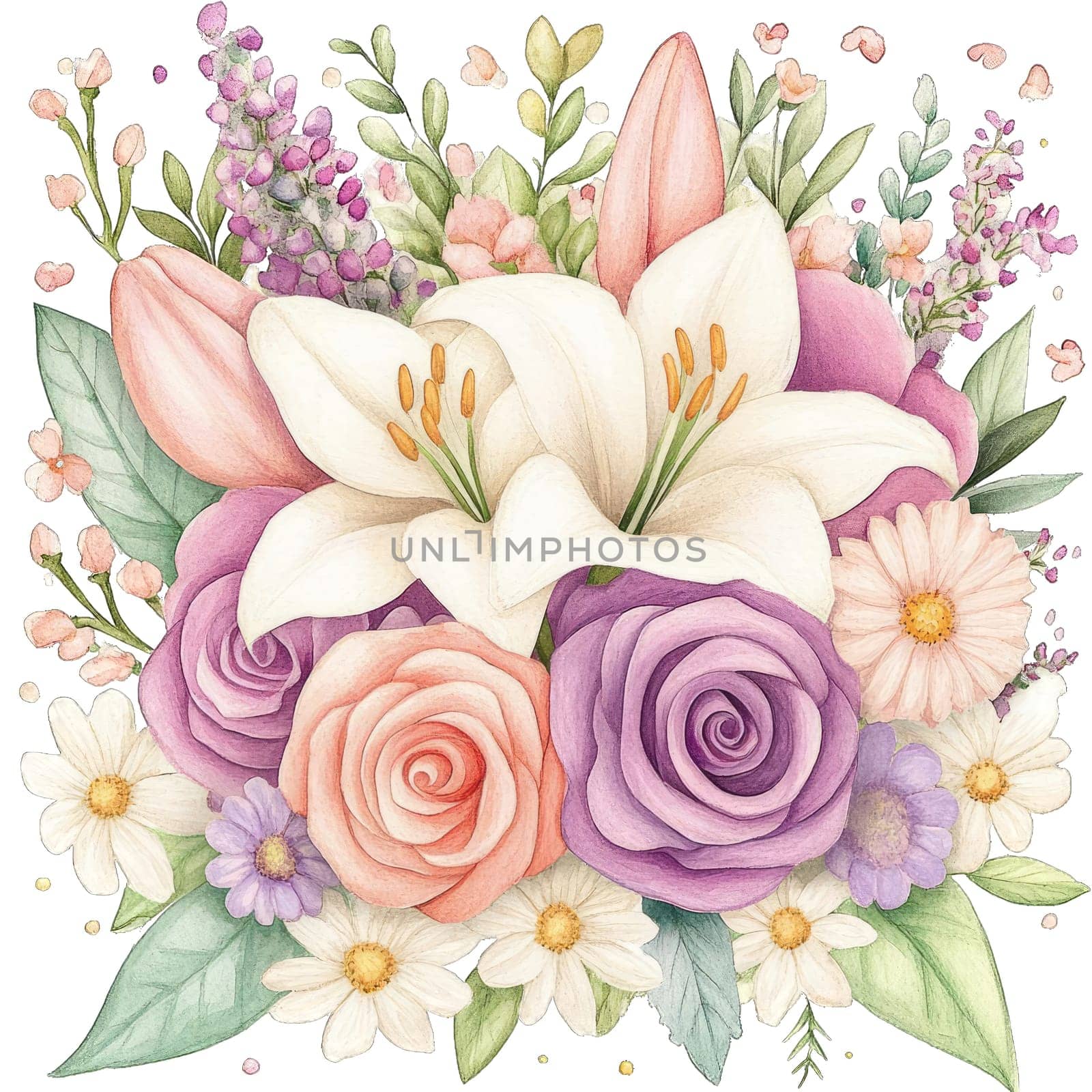 Delicate white flowers and lush green leaves are elegantly arranged, showcasing a harmonious blend of nature's beauty through watercolor art. The soft colors enhance the overall charm.