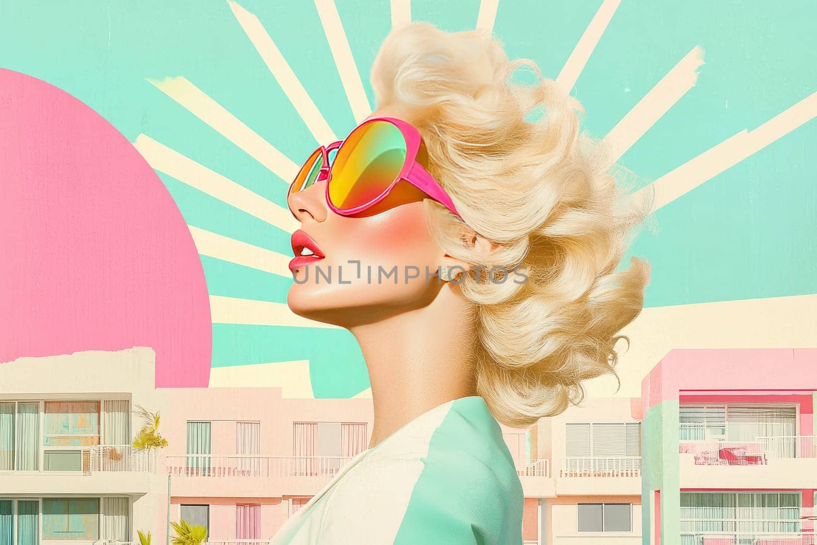 A glamorous blonde with bouncy curls turns mid-motion, showcasing colorful oversized sunglasses. Behind her is a retro sunburst graphic and a charming display of pastel beach houses, evoking a sense of nostalgia.