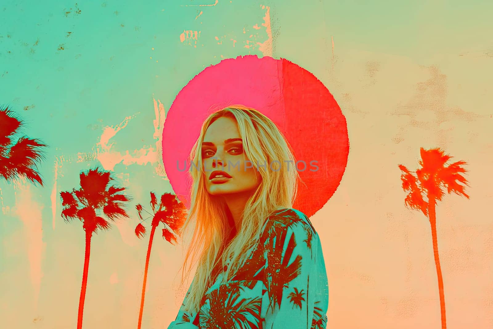 A glamorous blonde stands confidently under a stylized sun, surrounded by warm hues. The blurred palm trees in the backdrop enhance the vintage feel, while her elegant presence captures the essence of carefree elegance.