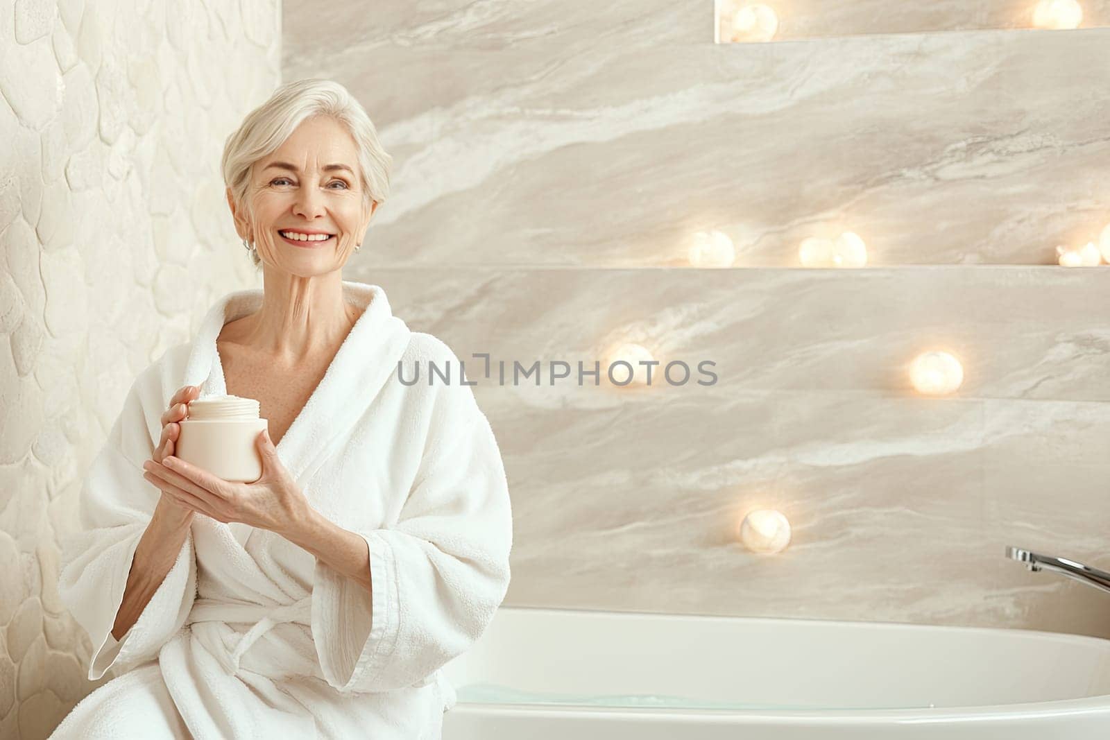 A smiling elderly woman sits on the edge of a modern bathtub in a sleek spa environment, wearing a white robe. She holds a small open jar of cream, exuding relaxation and joy amid calming grey tiles.