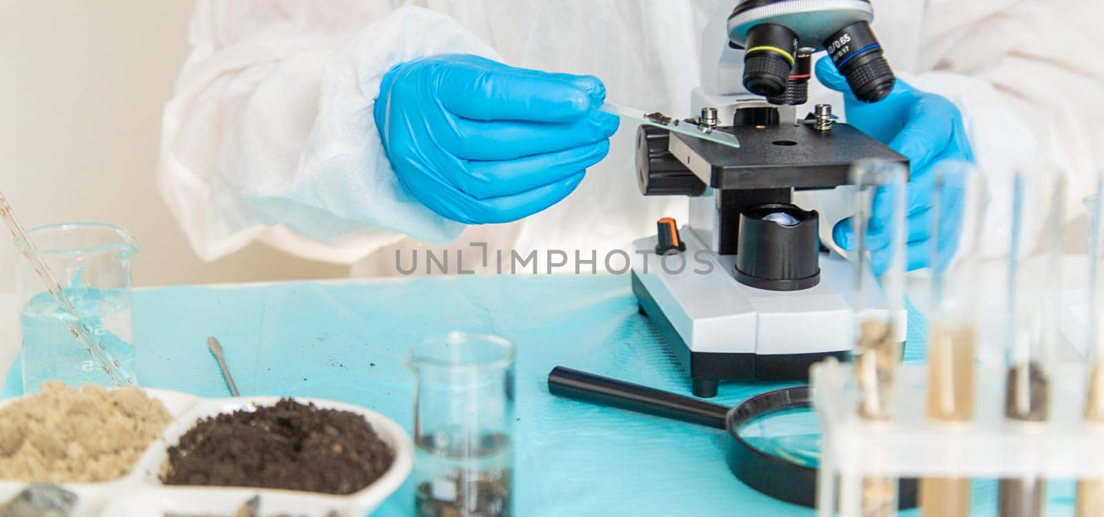 Soil testing in the laboratory. Selective focus. Nature.