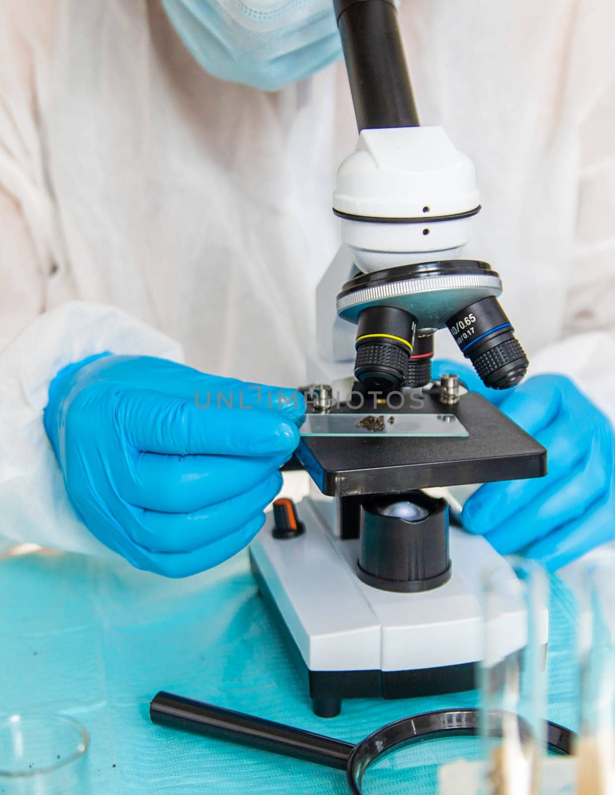 Soil testing in the laboratory. Selective focus. Nature.
