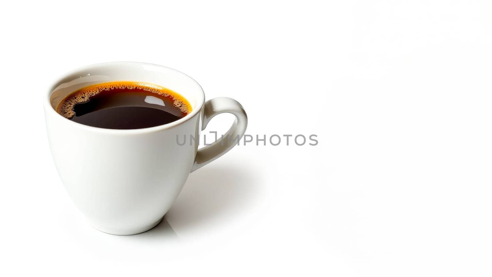 White ceramic cup with black coffee on a plain white background, copy space. AI generated.