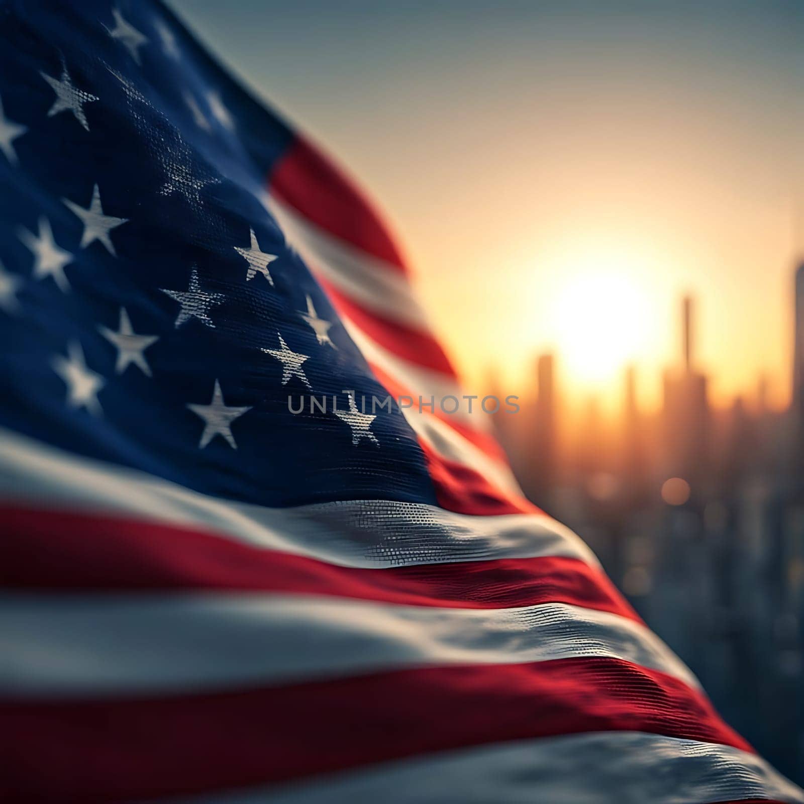 USA flag waving in the foreground with blurred background . Ideal picture for banners.Wallpaper. Space for text.Independence Day and Memorial Day concept. Design for banner, header, greeting card.