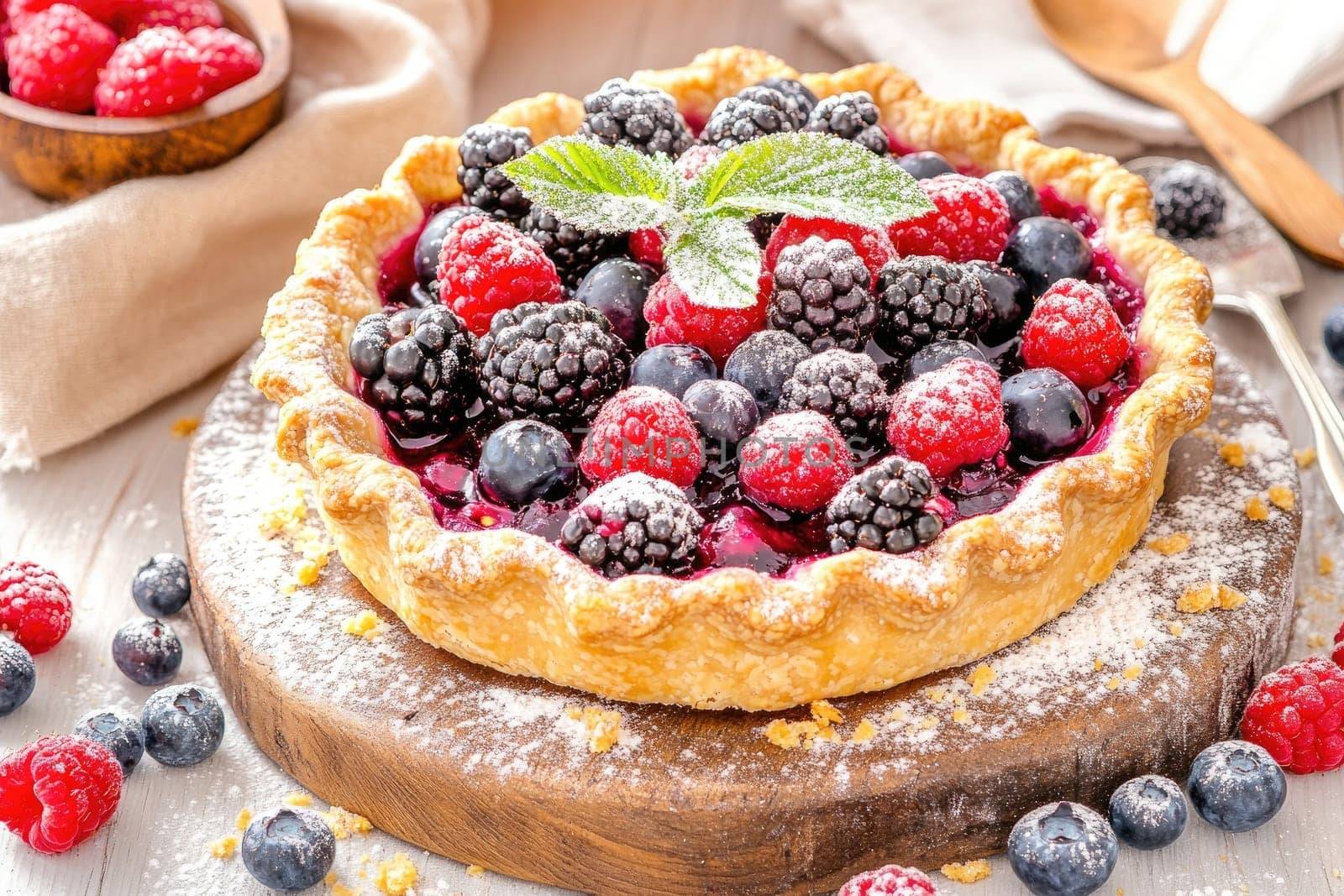 Golden sugar-crusted edges surround a rustic open-faced pie overflowing with fresh seasonal berries, including raspberries, blackberries, and blueberries. The pie sits on a wooden board, enhancing its homey aesthetic.
