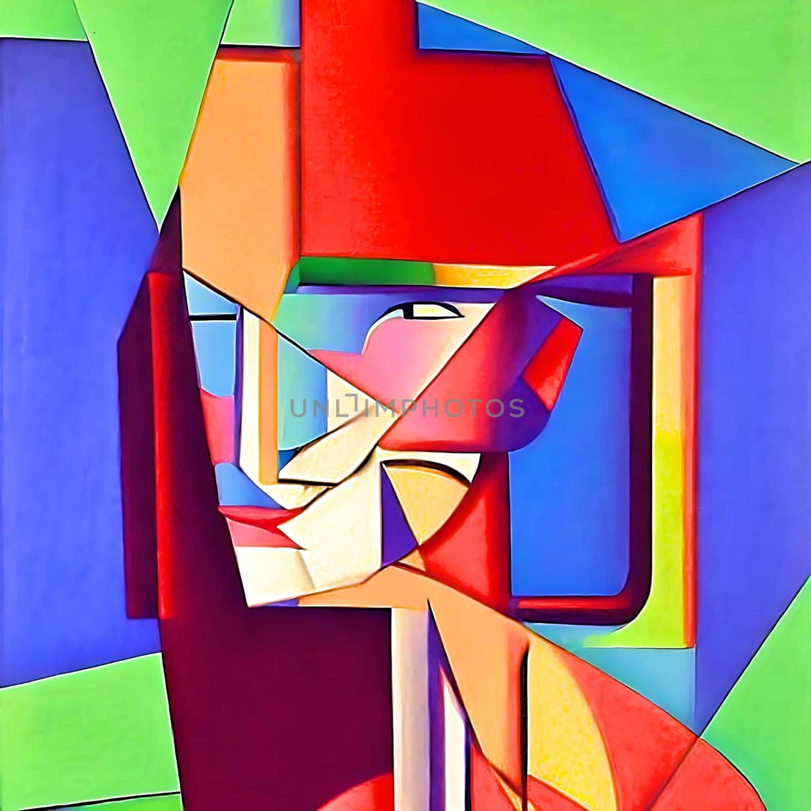 Female portrait painting in the style of cubism in vibrant colors. AI Generated.