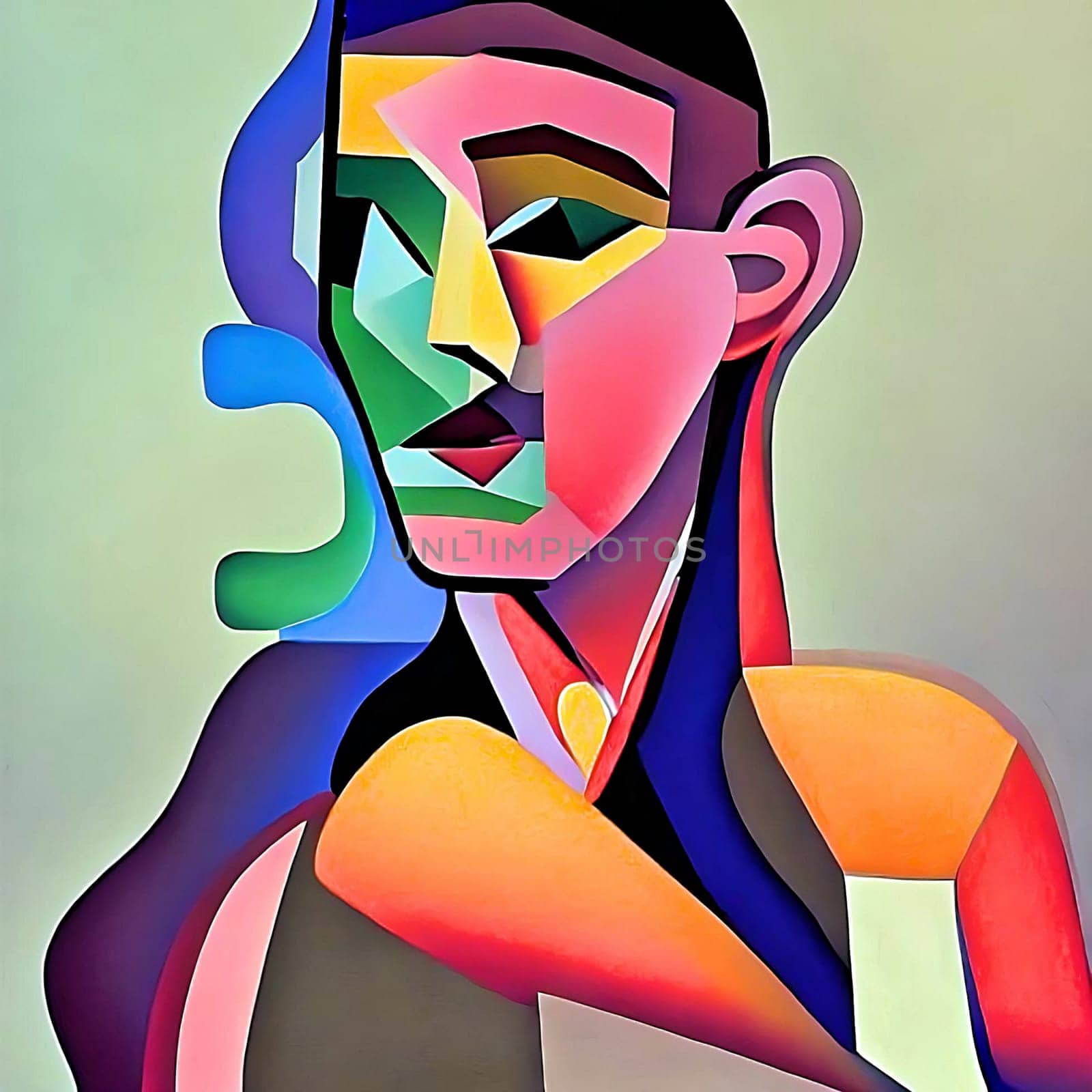 Female portrait painting in the style of cubism in vibrant colors. AI Generated.