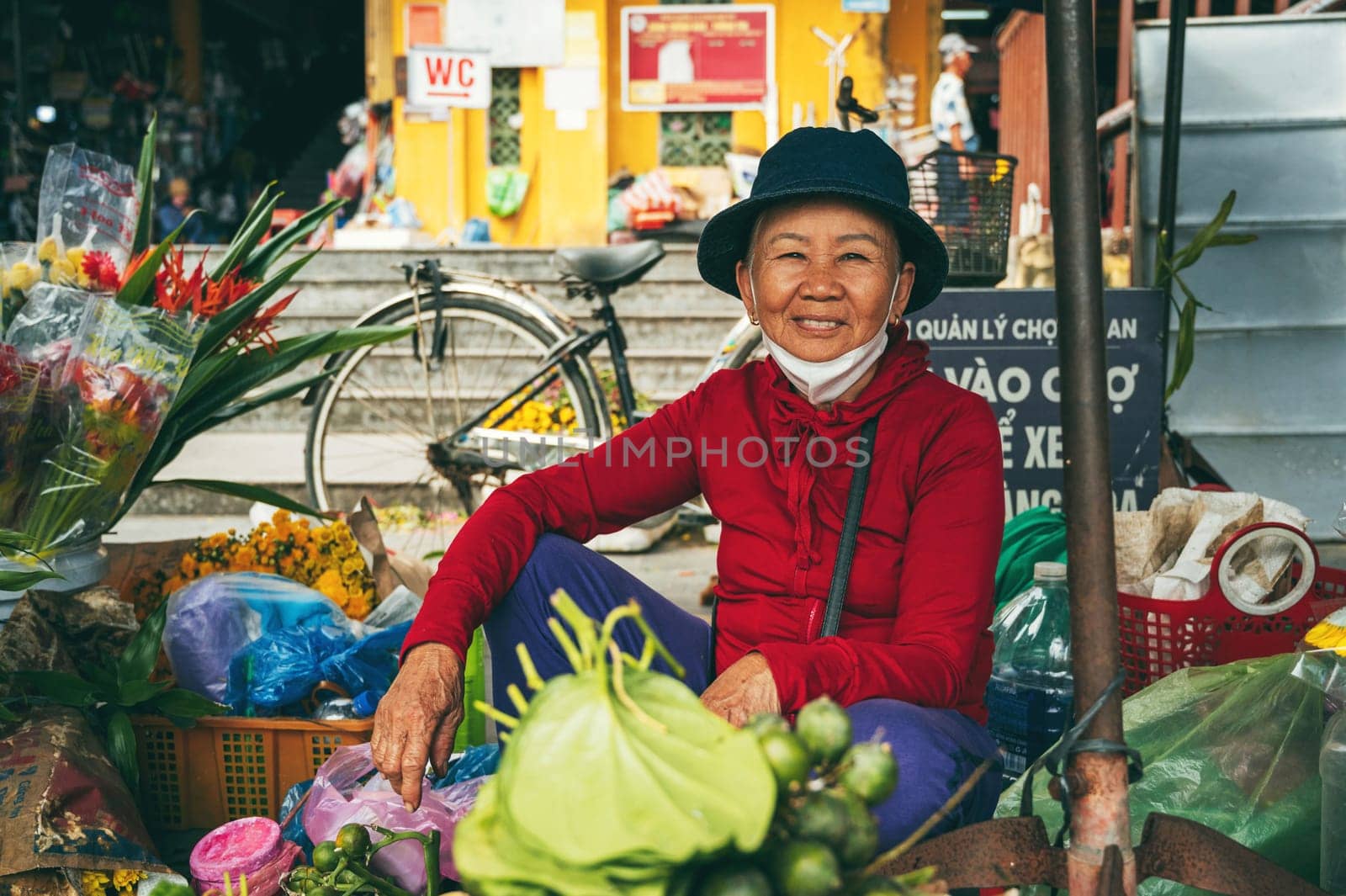 An elderly Vietnamese woman selling fruits and flowers at an Asian market in Hoi An in Vietnam in Asia. Hoi An, Vietnam - December 1, 2024