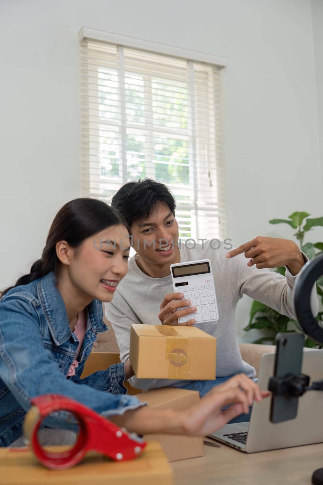 The two partners are engaged in their online shop's operations, ensuring each package is ready while managing sales and customer relationships.