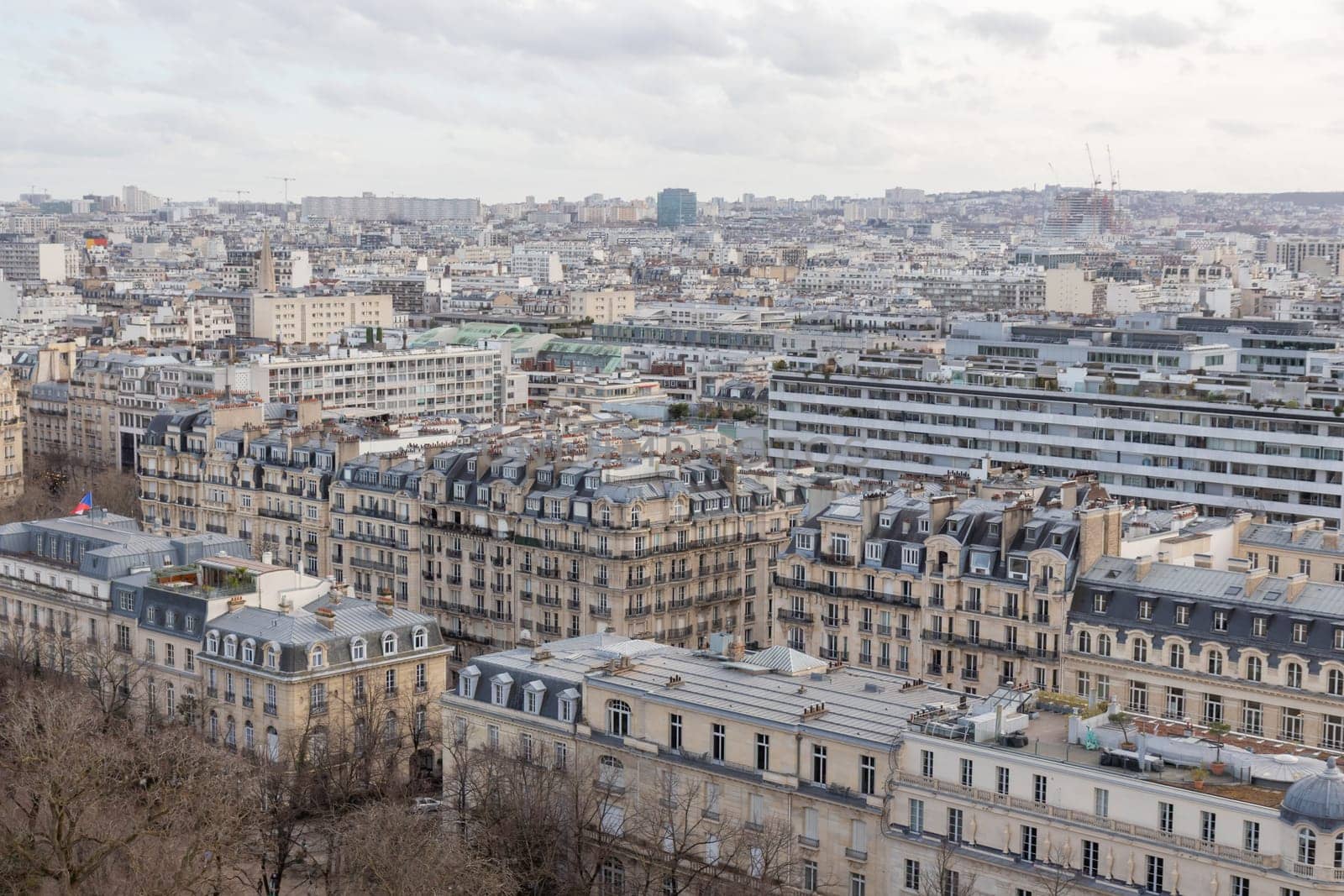 Paris city panorama, the aerial view from the Eiffel tower in soft evening light in early spring