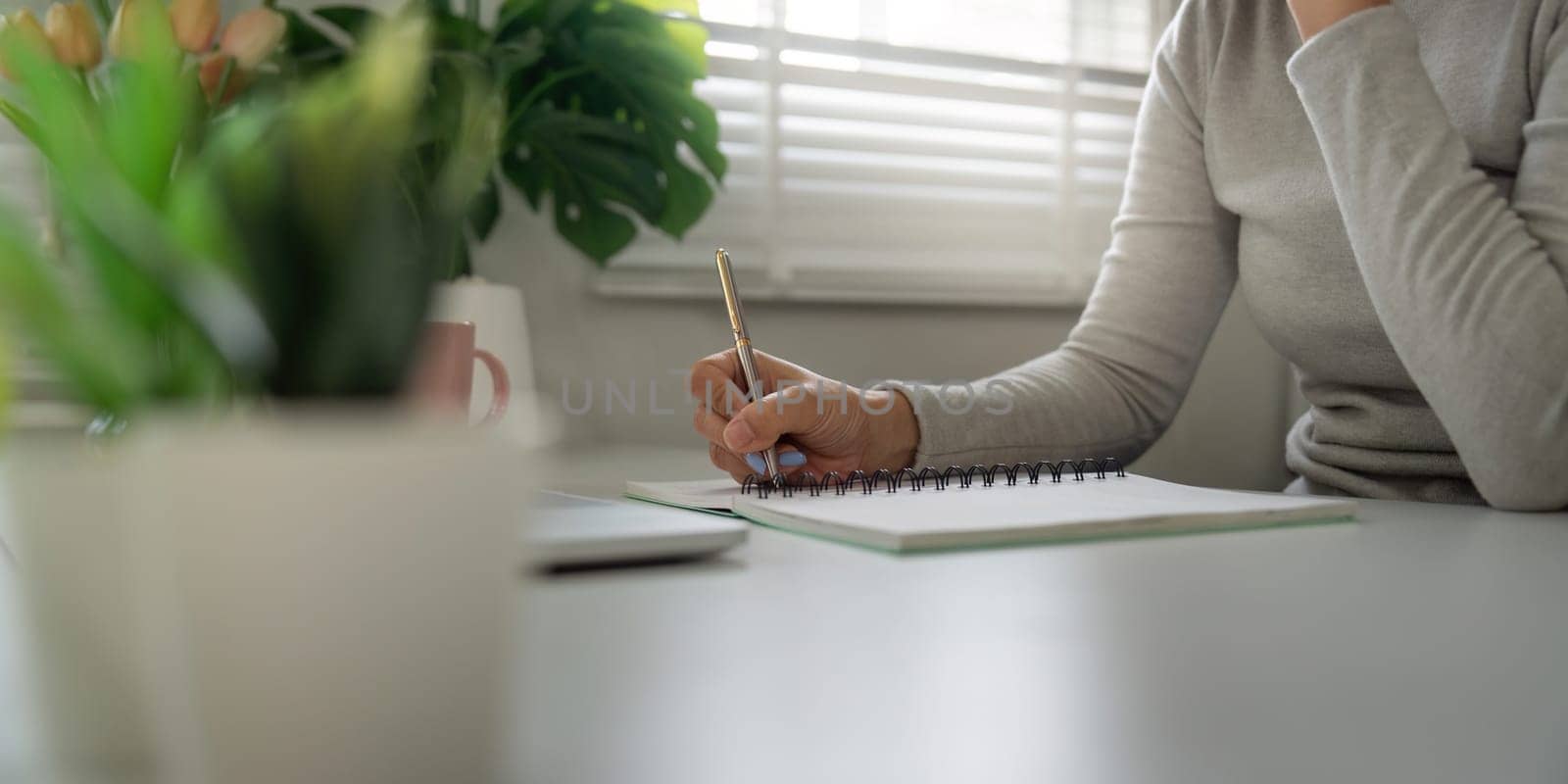 Focusing intently, an individual writes in a notebook at their desk, surrounded by plants and light, illustrating a serene work-from-home atmosphere.