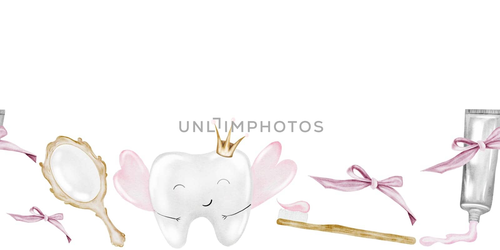 Baby tooth watercolor seamless border. Cute cartoon molar with crown on isolated white background. Dental clip art. Ideal for cards and invitations to the party baby's first tooth, posters in the doctor's office. High quality illustration