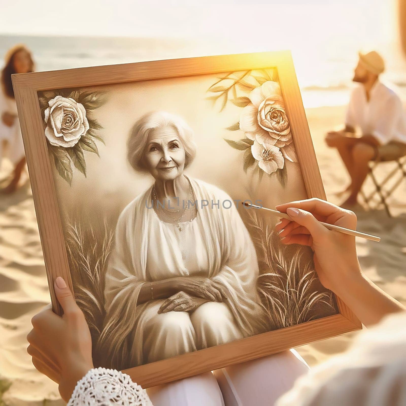 Elderly woman paints a portrait in the sunlight. Art, nostalgia and the joy of life, united in a harmonious and warm scene.